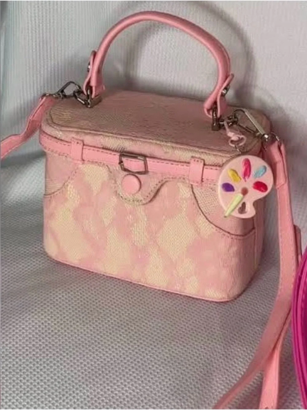 Pink Lace-Textured Top-Handle Crossbody Bag